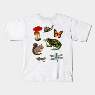 Forrest Creatures Cute Woodland Animals Nature Hiking Frog Squirrel Mushroom Butterfly Dragonfly Cricket Snail Kids T-Shirt